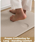 Anti Fatigue Kitchen Mat Runner 24x87 Inches, Easy Clean, Water And Oil Proof, Non Slip Foam Rubber Rug For Front Sink And Standing Areas, Dark Beige Comfort Mat with feet standing on mat
