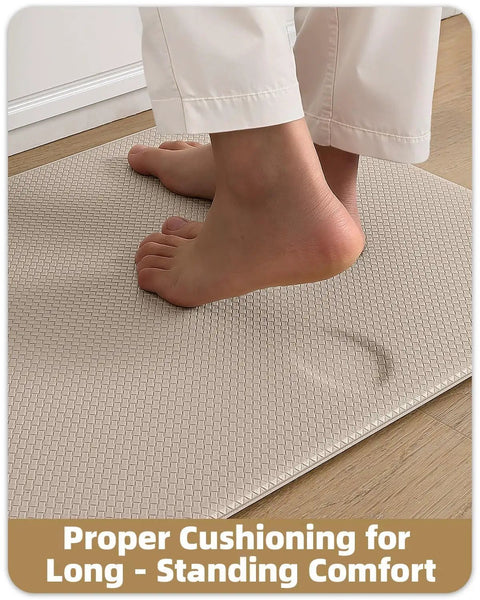 Anti Fatigue Kitchen Mat Runner 24x87 Inches, Easy Clean, Water And Oil Proof, Non Slip Foam Rubber Rug For Front Sink And Standing Areas, Dark Beige Comfort Mat with feet standing on mat
