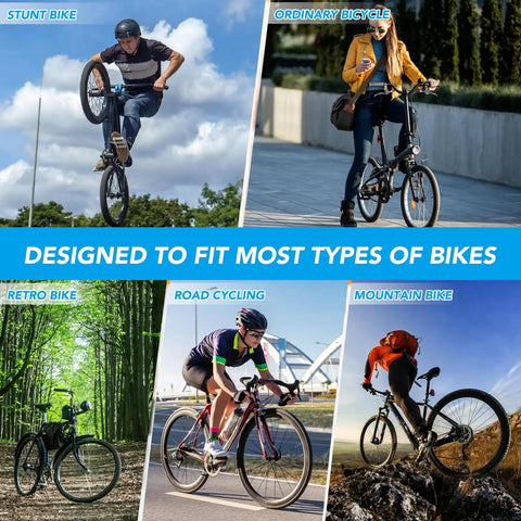 Collage of various bikes: stunt bike, ordinary bicycle, retro bike, road cycling, and mountain bike demonstrating versatility.