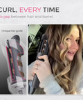 Automatic Rotating Curling Iron for Effortless Beachy Waves, CurlPRO Wand close-up demonstrating curl with unique hair guide.