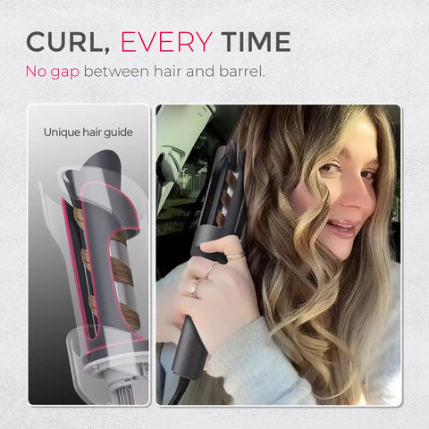 Automatic Rotating Curling Iron for Effortless Beachy Waves, CurlPRO Wand close-up demonstrating curl with unique hair guide.