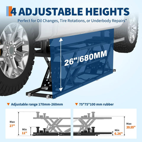 Beefy 7000 Lbs Portable Car Lift for Trucks, SUVs, and Sedans, showing adjustable scissor lift height at 26 inches.