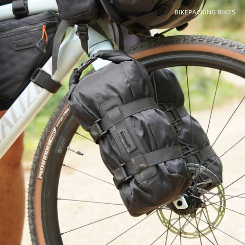 6.5L Waterproof Front Fork Bike Bag With Roll Top Closure For Road Gravel And MTB Universal Mount Fits Forks With Or Without Mounting Holes Durable Tear Resistant 210D Lining Keeps Your Gear Totally Dry On Wet Rides attached to bike