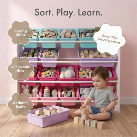 Child playing with blocks near 4 Tier Toy Storage Organizer With 16 Removable Bins For Kids Playroom Durable Engineered Wood Frame With Steel Dowels So Easy Cleanup For Little Hands White Blue Pink Purple Kid Friendly Toy Organization.