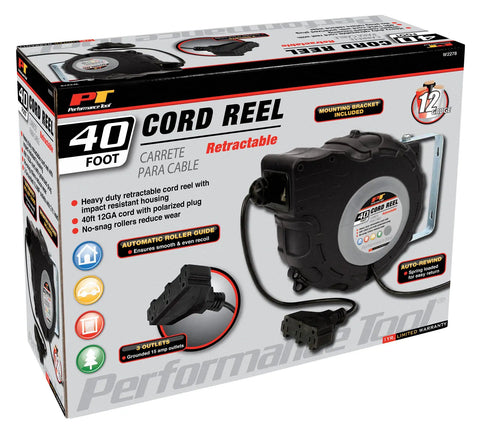 40 Foot 12 Gauge Retractable Power Cord Reel With Auto Rewind Spring Loaded For Easy Recoil Heavy Duty Extension Cord Organizer Box