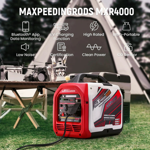 Hella Reliable 4000 Peak Watt Portable Inverter Generator Delivering 3200 Smooth Running Watts EPA Certified, showcasing features in a camping setup.