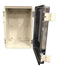 Heavy Duty NEMA 4X Plastic Electrical Enclosure 12 By 8 Inch Light Gray with hinged cover opened showing interior.