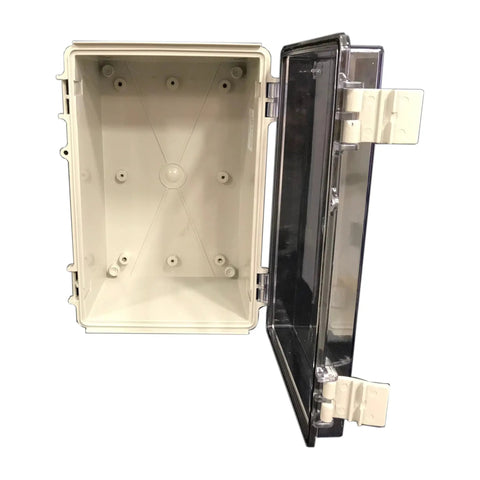 Heavy Duty NEMA 4X Plastic Electrical Enclosure 12 By 8 Inch Light Gray with hinged cover opened showing interior.
