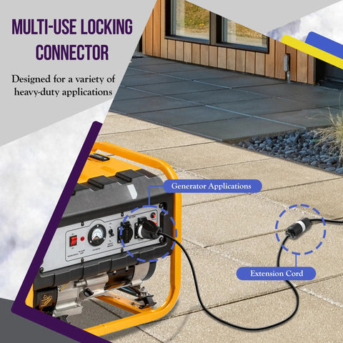NEMA L14-30P Twist Lock Locking Plug for Generators in use with portable generator outdoors, extension cord connected