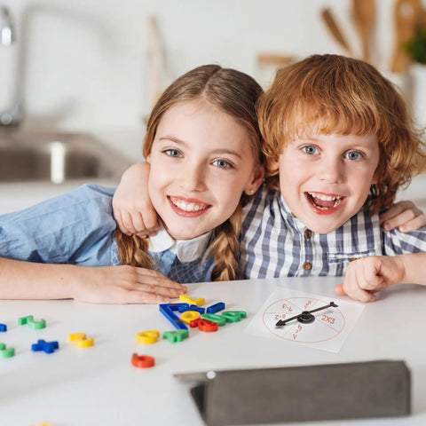 Children playing with Clear Classroom Spinners 10 Pack With Rotating Arrows For Dry Erase Math Games on a table