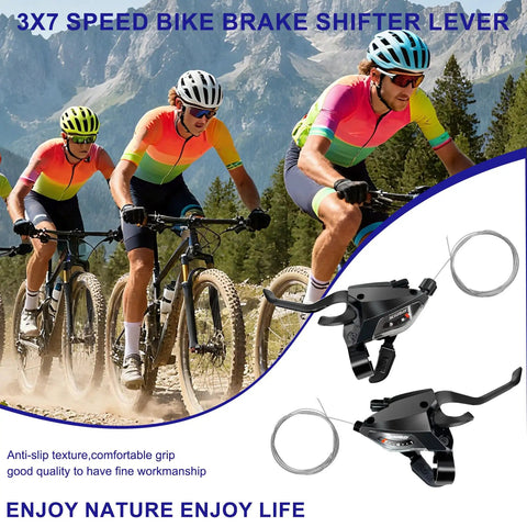 Cyclists on mountain trail with All In One 21 Speed Bike Shifter Lever Kit With Brake Lever And V Brake Cable image