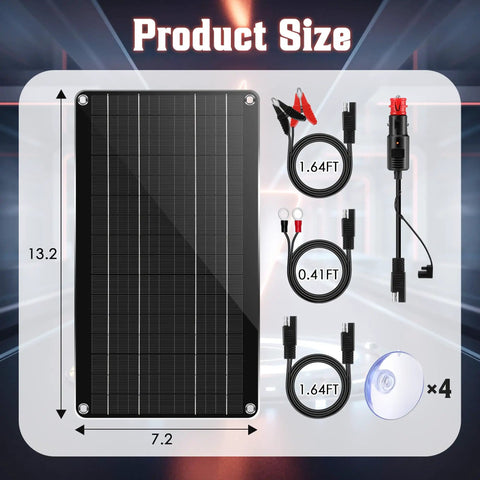 10W 12V Solar Car Battery Charger And Maintainer Waterproof Portable with cables and connectors displayed with dimensions