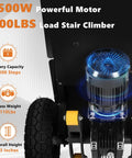 Heavy Duty Electric Stair Climbing Dolly 1500W Powered Hand Truck With 900 Lbs Capacity showing powerful motor and tire details.