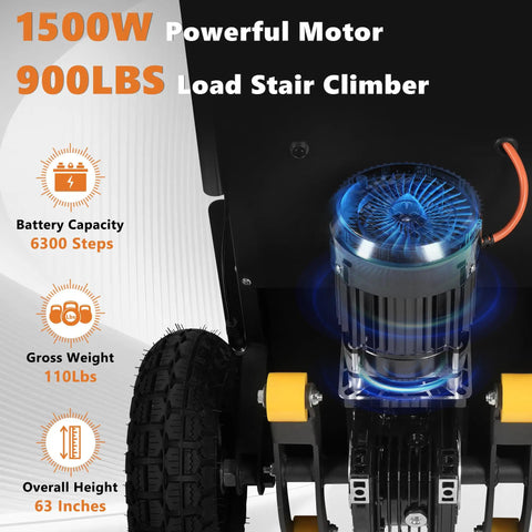 Heavy Duty Electric Stair Climbing Dolly 1500W Powered Hand Truck With 900 Lbs Capacity showing powerful motor and tire details.
