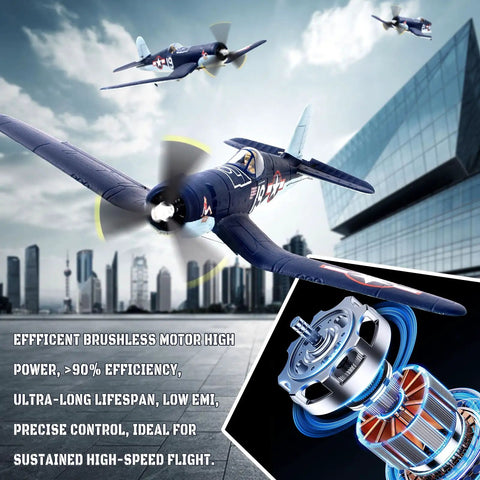 Brushless 4CH RC Plane With 500mm Wingspan F4U Fighter 6 Axis Gyro in flight near buildings, features highlighted