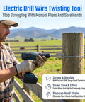 Man using Heavy Duty 2 Piece Wire Twister Tool For Drill to twist wire around a fence post outdoors.