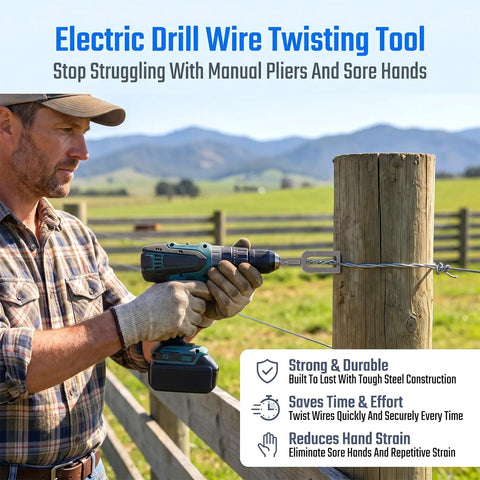 Man using Heavy Duty 2 Piece Wire Twister Tool For Drill to twist wire around a fence post outdoors.