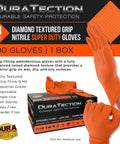 Tough As Nails 8 Mil Orange Nitrile Disposable Gloves Featuring Diamond Textured Grip Extra Thick Heavy Duty Work Gloves For Industrial Trades And Daily Grind Box Of 100 X Large displayed with packaging.