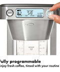 12 Cup Coffee Maker With Podless Single Serve Function In Silver showing digital display and brew settings, easy home use