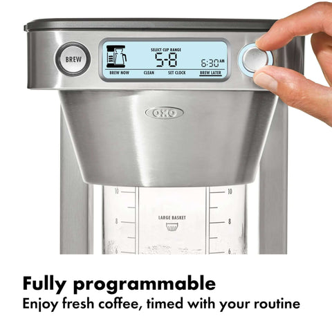 12 Cup Coffee Maker With Podless Single Serve Function In Silver showing digital display and brew settings, easy home use