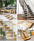 Cable Railing Post 36 Inch Square 2x2 Brushed Finish Top Mount End Post For Wood And Concrete Deck Stairs Single Drilled Design Compatible With PS01 LT4S PT1 PT2 PT6, showing various modern staircases with railing installations.