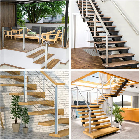 Cable Railing Post 36 Inch Square 2x2 Brushed Finish Top Mount End Post For Wood And Concrete Deck Stairs Single Drilled Design Compatible With PS01 LT4S PT1 PT2 PT6, showing various modern staircases with railing installations.