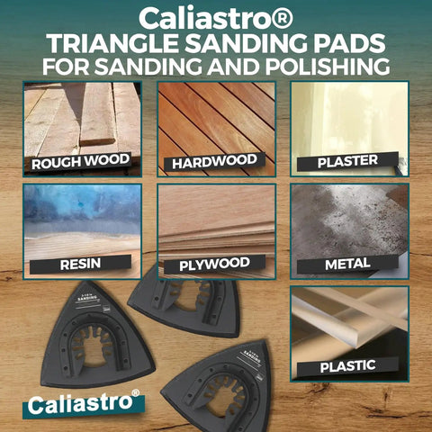Triangle Sanding Pads For Oscillating Multitool With Universal Quick Release Pro Diy Friendly Three Pack; materials like metal, plastic, and wood displayed.