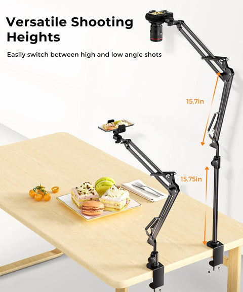 Built Different Overhead Camera Mount With Flexible 360 Ball Head Boom Arm and Universal Multi Device Holder for Flawless Unboxing Videos Ring Lights and Smartphone Streaming on a table with desserts.