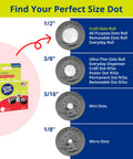 Comparison chart showing Double-Sided Craft Dots Half Inch Permanent Adhesive Points, 200 Clear Dots On Roll, with different sizes.