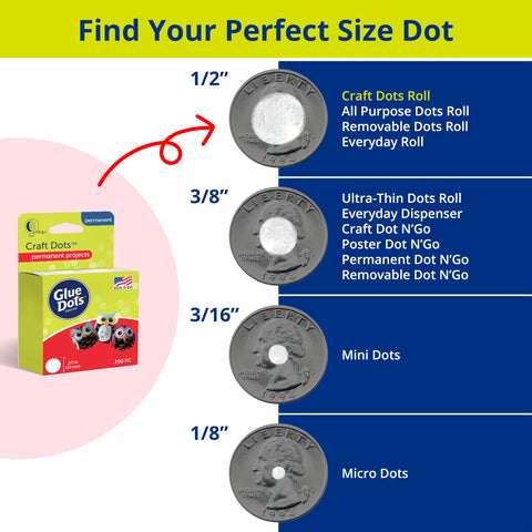 Comparison chart showing Double-Sided Craft Dots Half Inch Permanent Adhesive Points, 200 Clear Dots On Roll, with different sizes.
