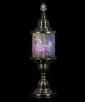 Multi Color Carved Glass Hexagonal Table Lamp With Stained Mosaic Glass And Retro Metal Frame, warm colorful glow at night