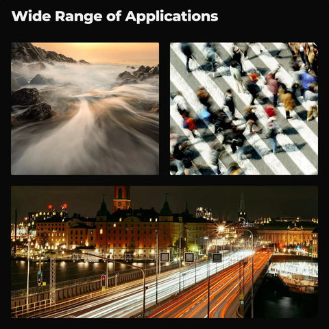 Various scenes showcasing effects of 52mm Variable ND Filter For Cameras With 1 To 9 Stops Light Reduction Ultra Slim Profile 18 Layer Coatings.