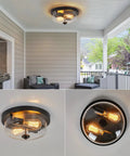 Black Flush Mount Ceiling Light Two Light Farmhouse Outdoor Porch Fixture with Seeded Glass Shade installed in porch.