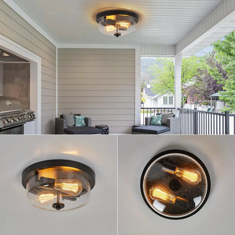 Black Flush Mount Ceiling Light Two Light Farmhouse Outdoor Porch Fixture with Seeded Glass Shade installed in porch.