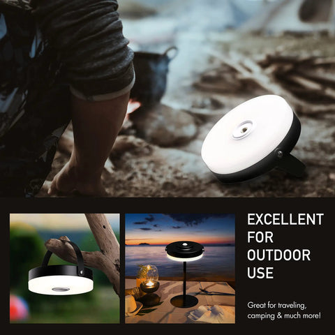Portable LED Lamp For Outdoor And Indoor Use With Built In Rechargeable Battery IP44 Water Resistant Adjustable Height Go To Light Camping Lantern shown in various outdoor settings