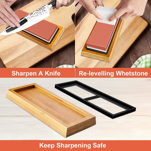 Beast Whetstone Knife Sharpener Kit With 3000 And 8000 Grit showing sharpening and re-levelling process on bamboo base