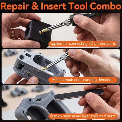 All-In-One Heat Set Inserts Kit For 3D Printers, Brass Threaded Inserts in use with soldering iron and sanding sticks