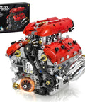 Visible V8 Engine Model Kit For Adults, showing a red engine block and detailed camshaft system with a box in the background