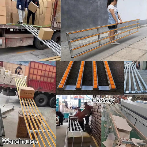 Ace Of The Dock Portable Gravity Conveyor Belt 16 Inch Wide 4 Foot Foldable Frame in use unloading boxes at a warehouse.
