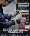 Technician using Digital Multimeter TRMS 20000 Counts With Auto Ranging for electrical panel testing, displaying 119.82 volts.