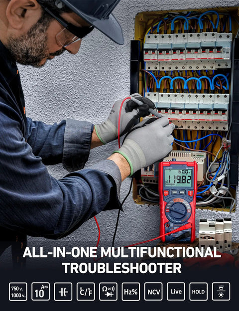 Technician using Digital Multimeter TRMS 20000 Counts With Auto Ranging for electrical panel testing, displaying 119.82 volts.