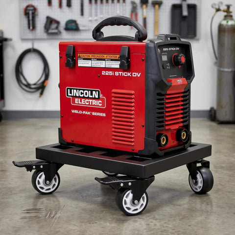 Heavy Duty Metal Air Compressor Cart With Dual Locking Caster Wheels Holds Eight Hundred Pounds with welder on it in workshop.