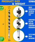 Diagram showing One Half Inch By Eight Inch Auger Drill Bit With Quick Change Three Eighths Inch Hex Shank For Wood Plastic Drywall And Composite Materials by SOMADA with details of the screw point tip, flute design, and 3/8 inch hex shank.