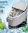 70 Qt Rolling Patio Cooler On Wheels with Bottle Opener and Ice Scoop, showing open lid with drinks inside, ice-filled