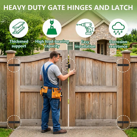 Heavy Duty Gate Hinge And Self Locking Latch Set For Wood Fence Two Pack Auto Lock Gravity Latch Keeps Gate Secure In Windy Weather No Manual Latching Required on wood gate