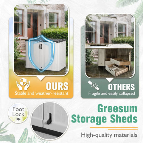 Comparison of 27 Cu Ft Resin Outdoor Storage Box Weather Resistant No Shelf Easy To Assemble 47.6 Inches Long 25.4 Inches Wide 37 Inches High White with competitor shed under rain showing durability differences with foot lock detail