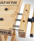 Beefy Rubberwood 60 Inch Workbench with built-in vise slot, showing 7.5" jaw capacity, for garage and workshop use.