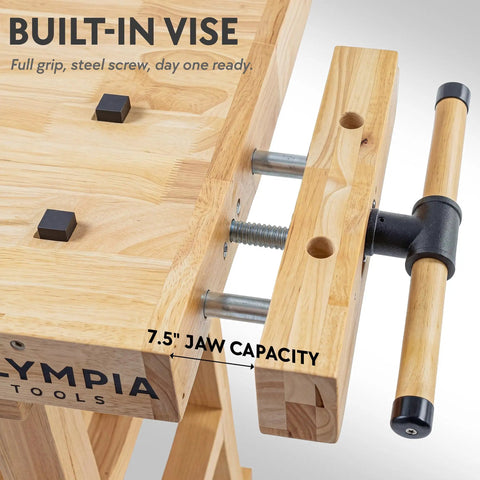 Beefy Rubberwood 60 Inch Workbench with built-in vise slot, showing 7.5" jaw capacity, for garage and workshop use.