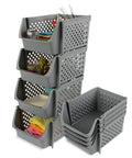 Stackable Plastic Storage Bins 4 Piece Gray Set For Home And Kitchen Open Front Design shown stacked with items inside