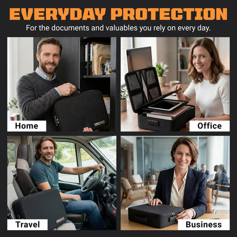 Fireproof Document Safe Bag With Lock For Home Travel And Office Water Resistant Triple Layer Heat Shield shown in home, office, travel, and business settings.